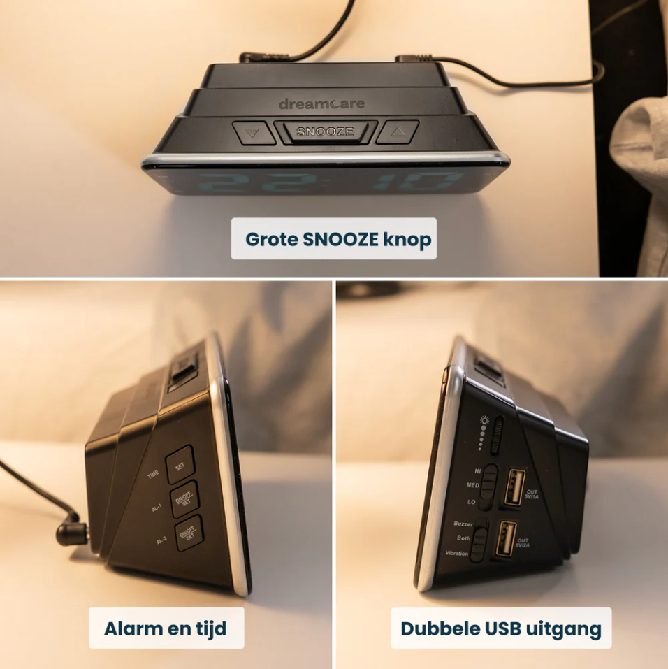 DreamCare Pulse Wekker Met Trilfunctie En Bed Shaker – Voorzien Van Volledig Dimbaar Display En Dubbel Alarm En Snoozefunctie – Voor Diepe Slapers En Slechthorenden – Zwart Kunststof – 180 cm Kabel