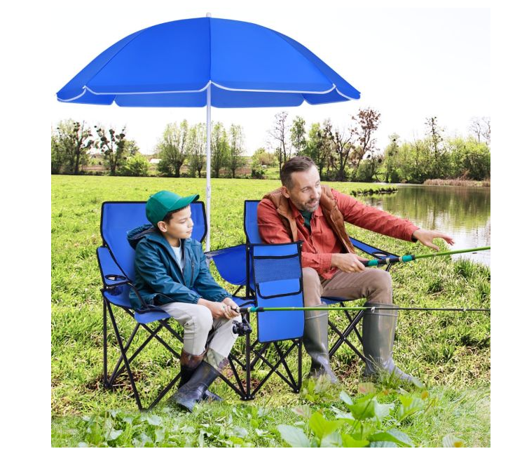 Coast 2-Zits Campingstoel - Met Parasol en Koeltas - Opvouwbaar - Blauw