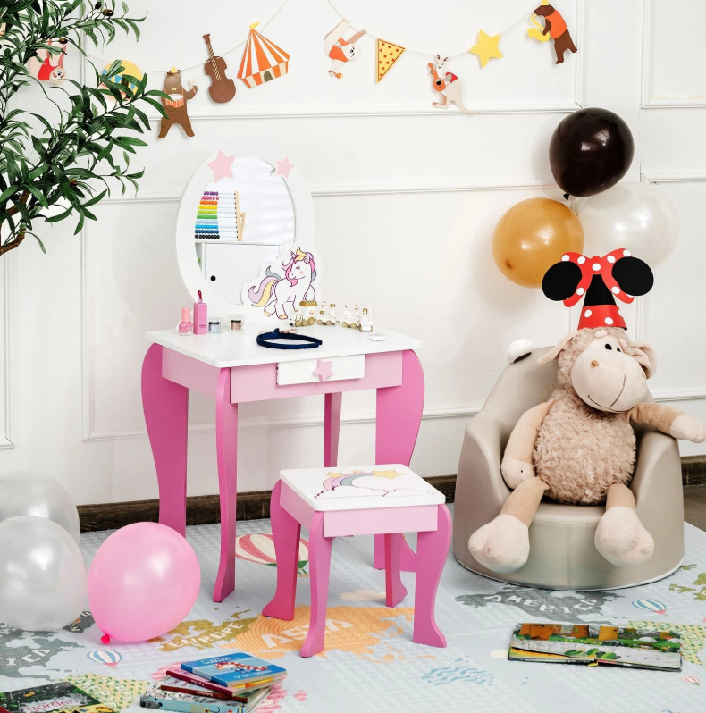 costway kaptafel voor meisjes - wit met roze - 49.5 x 35.5 x 89 cm