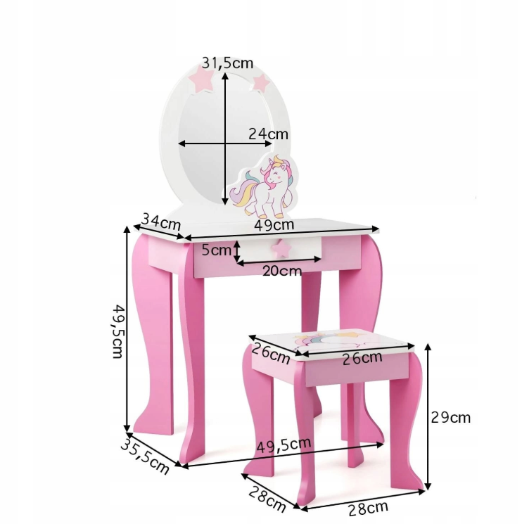 costway kaptafel voor meisjes - wit met roze - 49.5 x 35.5 x 89 cm
