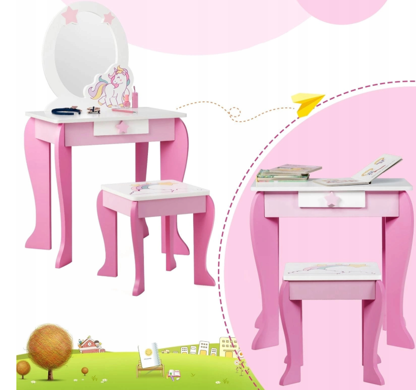 costway kaptafel voor meisjes - wit met roze - 49.5 x 35.5 x 89 cm