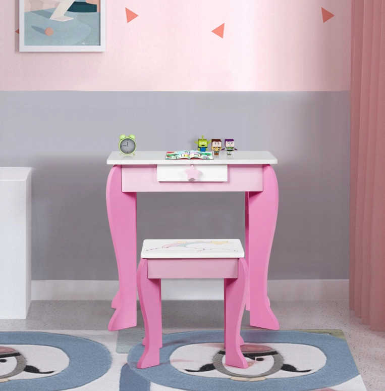 costway kaptafel voor meisjes - wit met roze - 49.5 x 35.5 x 89 cm