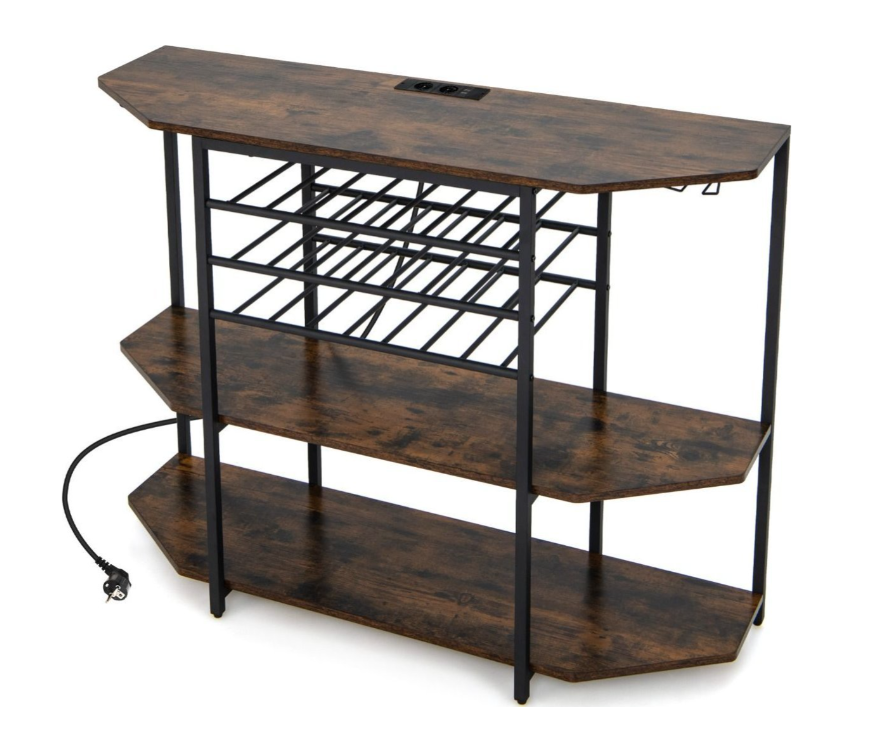 Coast Industriële Wijnbar met Oplaadstation – 21-Flessen Wijnrek, 3-Niveau Planken, 40×120×92 cm – Rustiek Bruin