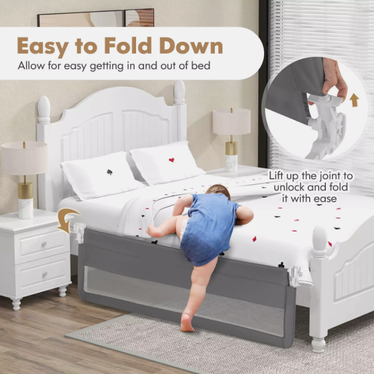 Coast Bedhekje 180 cm – Opvouwbaar Kinder Bedhek met Veiligheidsgordel – Grijs – 180 x 41 x 55 cm