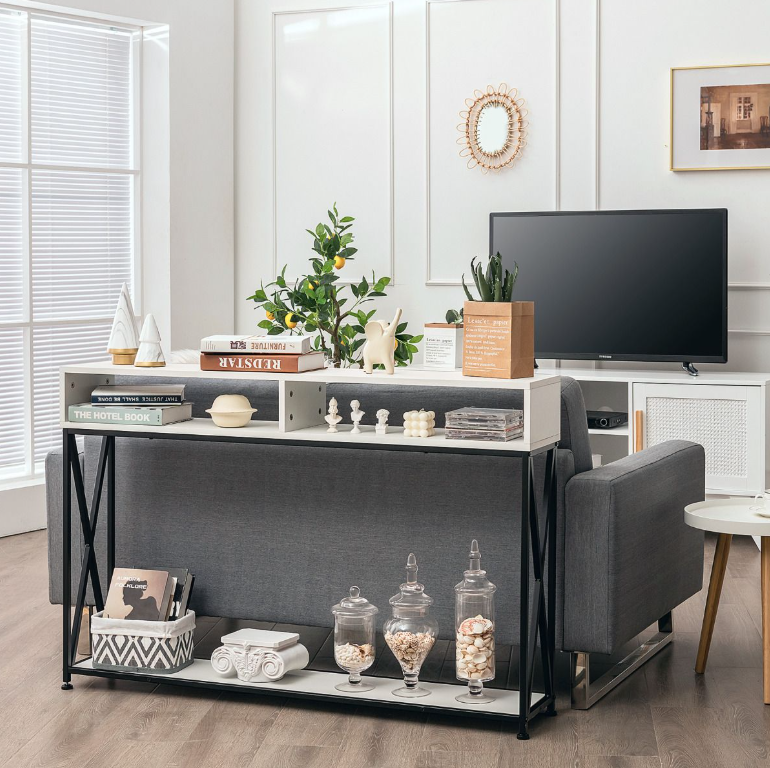 Coast Console Tafel - 2 Opbergvakken 1 Open Plank - 120 x 23 x 79 cm - Zwart - Staal+Hout