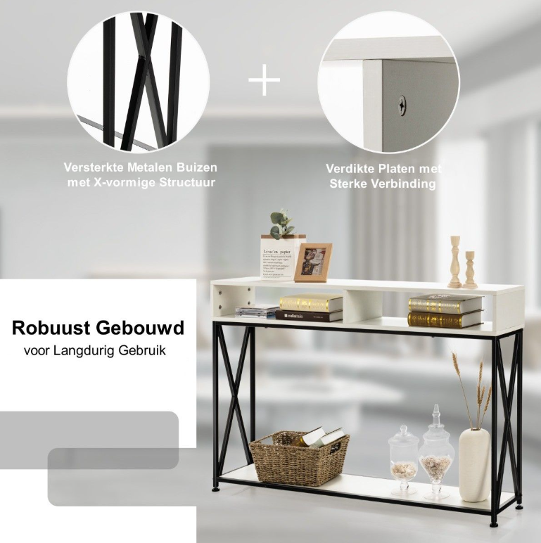 Coast Console Tafel - 2 Opbergvakken 1 Open Plank - 120 x 23 x 79 cm - Zwart - Staal+Hout