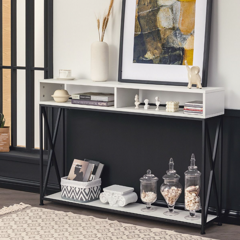 Coast Console Tafel - 2 Opbergvakken 1 Open Plank - 120 x 23 x 79 cm - Zwart - Staal+Hout