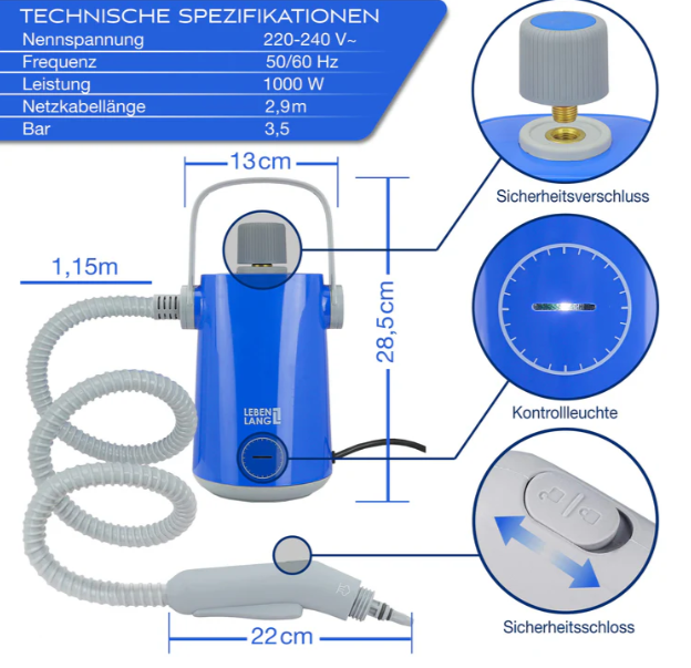LEBENLANG Elektrische Stoomreiniger Handheld Stoomreiniger - 1000W & 300ml + 10x Accessoires