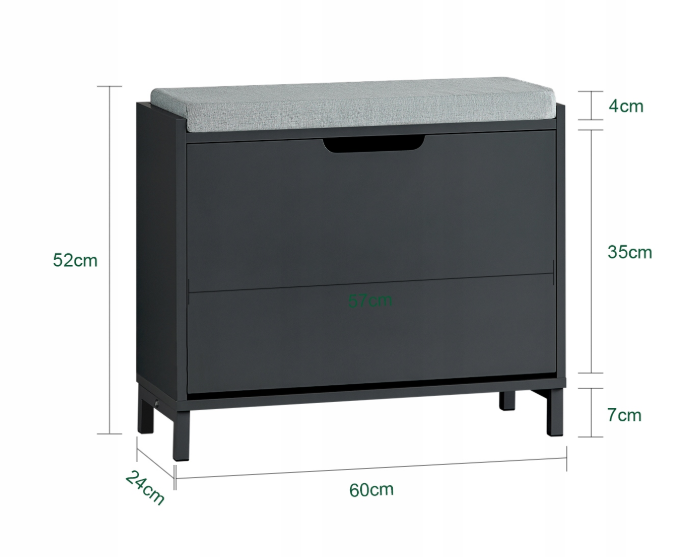 SoBuy Schoenenkast – Neerklapbare Deur met 2 Verstelbare Planken – 60 x 24 x 52 cm – Zwart