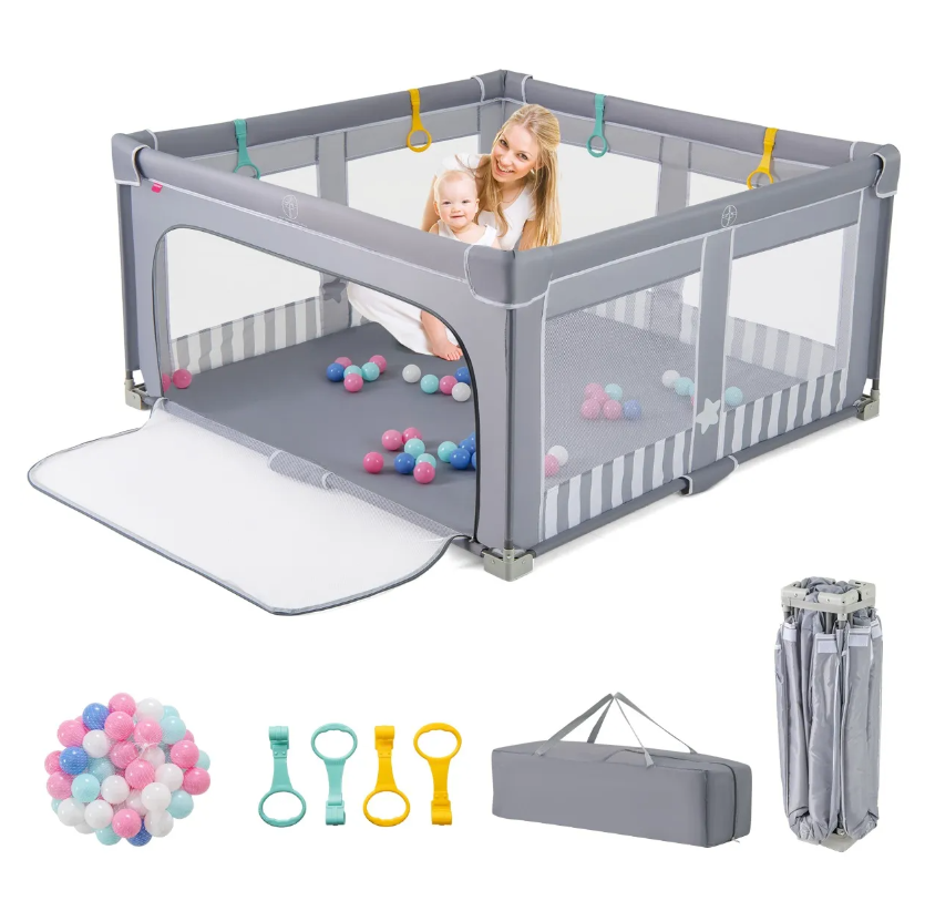 Coast Grote Opvouwbare Babybox 150x150 cm Grijs – Veilig Speelhek met Ritssluiting, 50 Zeeballen en 4 Hijsringen