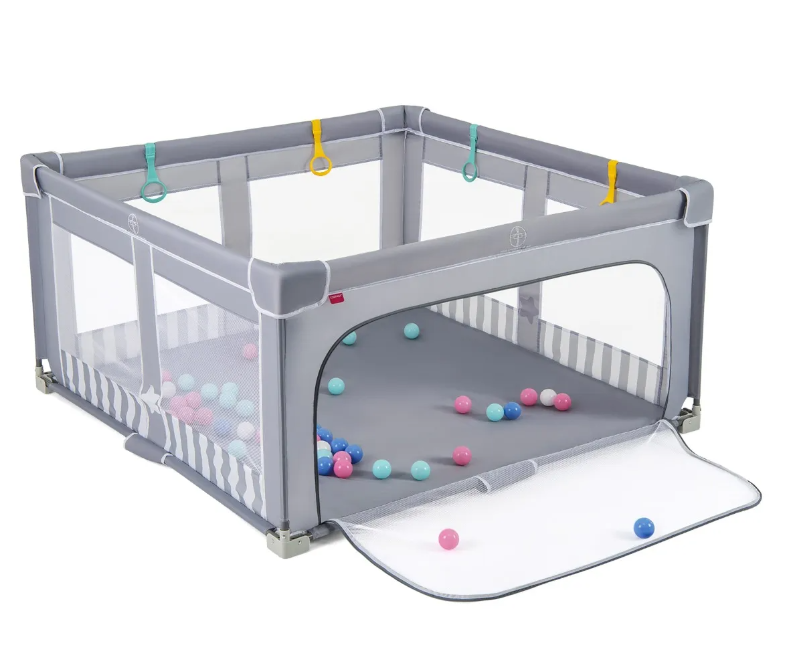 Coast Grote Opvouwbare Babybox 150x150 cm Grijs – Veilig Speelhek met Ritssluiting, 50 Zeeballen en 4 Hijsringen