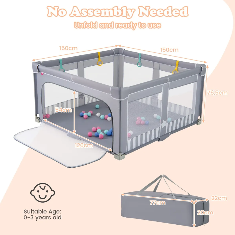 Coast Grote Opvouwbare Babybox 150x150 cm Grijs – Veilig Speelhek met Ritssluiting, 50 Zeeballen en 4 Hijsringen
