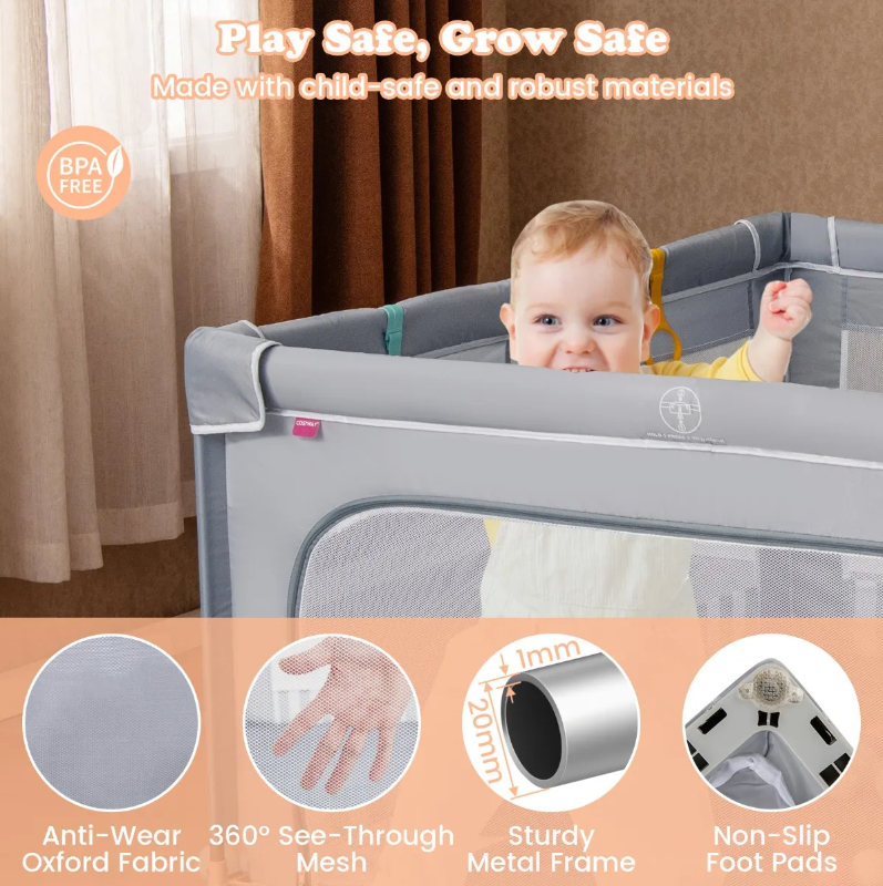Coast Grote Opvouwbare Babybox 150x150 cm Grijs – Veilig Speelhek met Ritssluiting, 50 Zeeballen en 4 Hijsringen