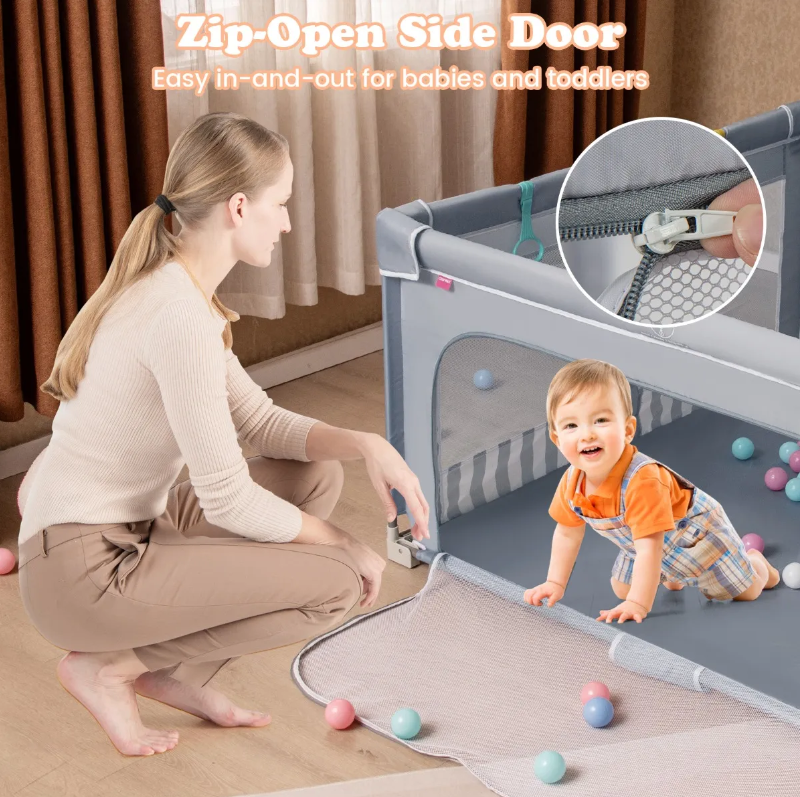 Coast Grote Opvouwbare Babybox 150x150 cm Grijs – Veilig Speelhek met Ritssluiting, 50 Zeeballen en 4 Hijsringen