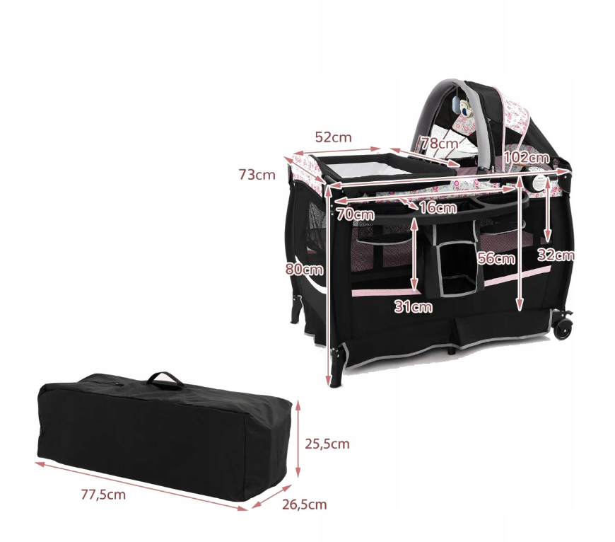 Coast 4‑in‑1 Opvouwbaar Babybed met Baldakijn en Matras – 102 × 73 × 80 cm – Zwart