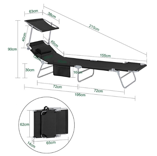 SoBuy Ligbed Met Zonnekap - Zwart - 195x90x63cm