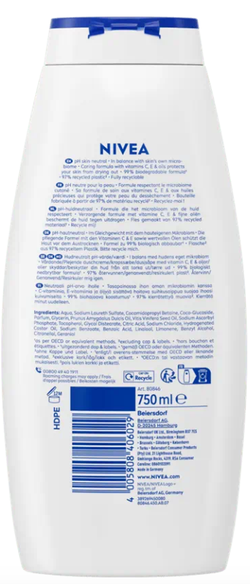 NIVEA Creme Soft Douchecrème 750 ml – Hydraterend, Amandelolie, Voor een Zachte Huid, Transparante Fles