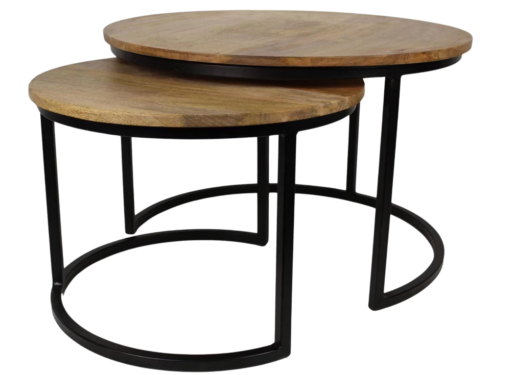 HSM Collection – Salontafelset Ronin - set van 2 - 70×70×46 cm – Mango/Metaal – Naturel/ Zwart
