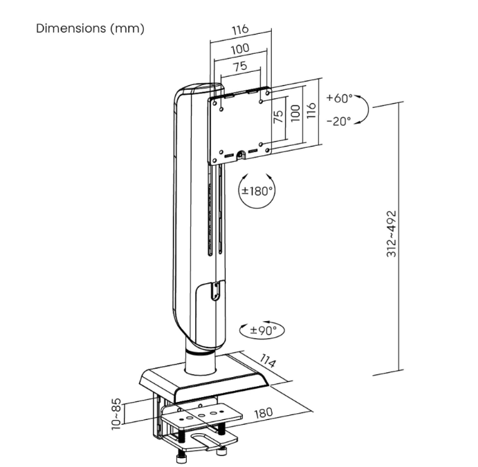 VDD LUMLDT70-C01 Monitorarm - Zwart - 71x18x20 cm – Ergonomische Clamp-on Monitorstandaard