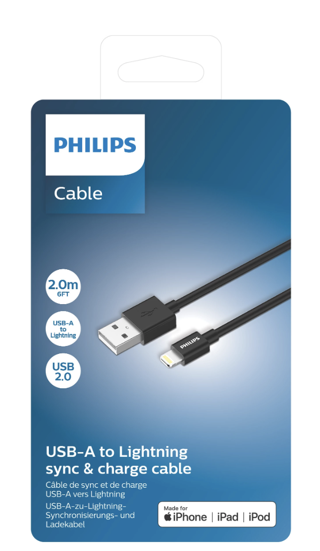 Philips - USB-A naar Lightning Kabel - DLC3106V/03 - 2 Meter Kabel - Opladen en Synchroniseren - Vervanging Apple Lightning Kabel - Zwart