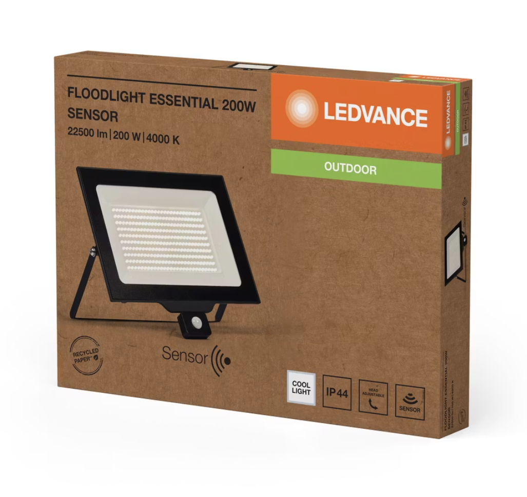 Ledvance Essential Sensor LED Schijnwerper 200 W - Zwart - 402x45x341 mm - 20000 lumen koel wit