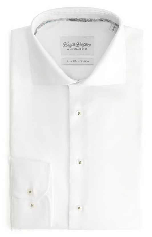 Boston Brothers Non-Iron Oxford Overhemd Heren – Slim Fit, Wide Spread Kraag, Wit (Maat 39)