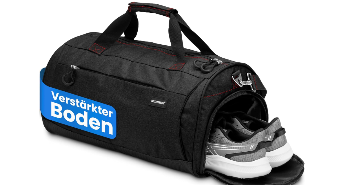 HELDENWERK Sporttas 50L – Met Schoenenvak & Waterdicht Natvak – Grote Fitness- & Reistas – Unisex – Extra Robuust - Zwart Met Rode Ritsen