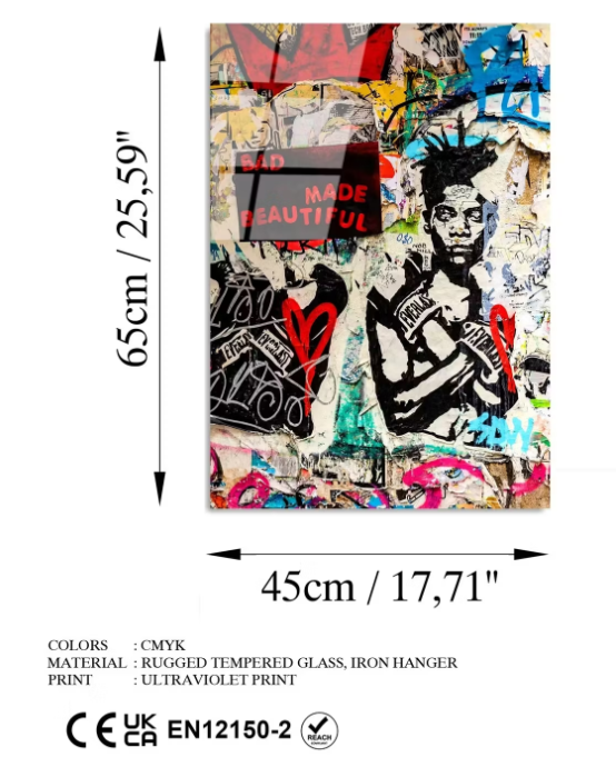 Wallity Glasschilderij Banksy Bad Made Beautiful – Knallkleuren – 45 x 65 cm
