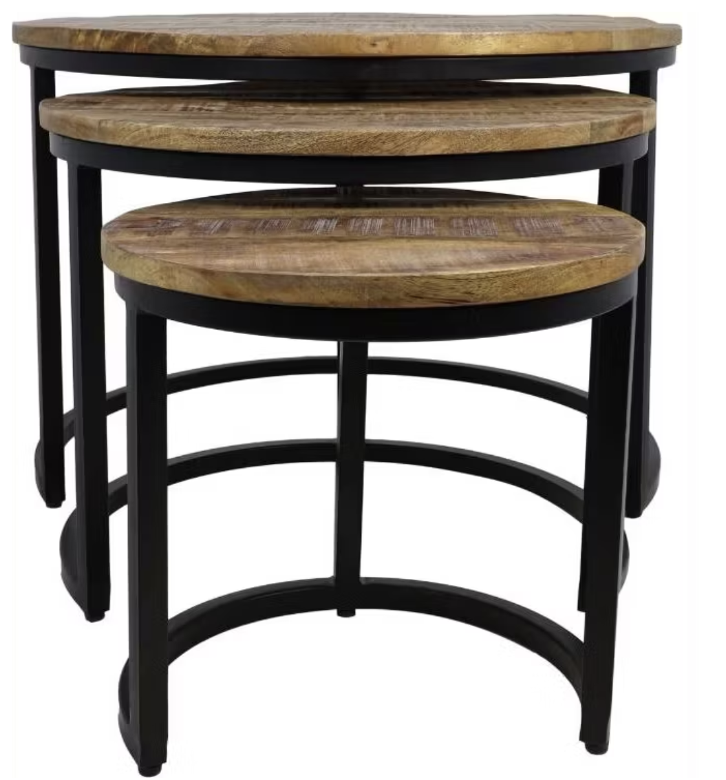 Hsm Collection District 3-delige salontafelset mangohout bruin/zwart – Ø35 - Ø51 - Ø67 cm