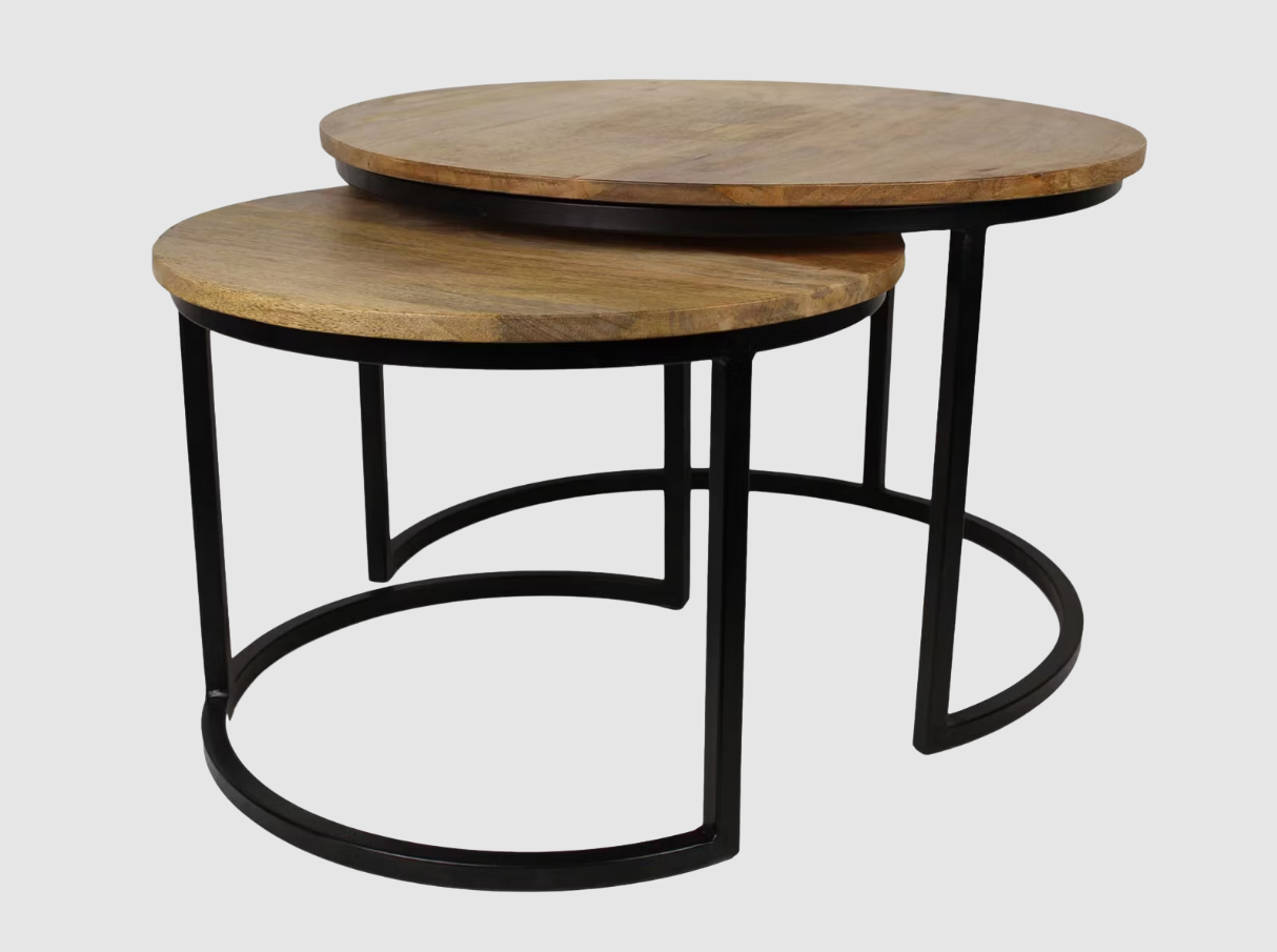 Ronin S Salontafelset 2-delig - Ø60xH45 / Ø45xH40 cm - Mangohout & IJzer - Naturel/Zwart