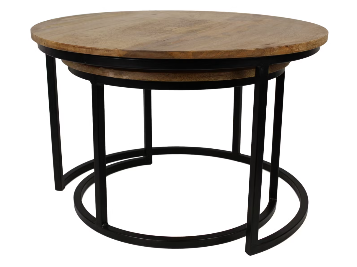 Ronin S Salontafelset 2-delig - Ø60xH45 / Ø45xH40 cm - Mangohout & IJzer - Naturel/Zwart
