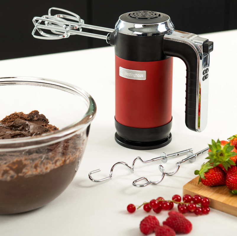 Westinghouse Retro Handmixer 350W – Rood – 2 Gardes & 2 Deeghaken – Met Opbergstandaard