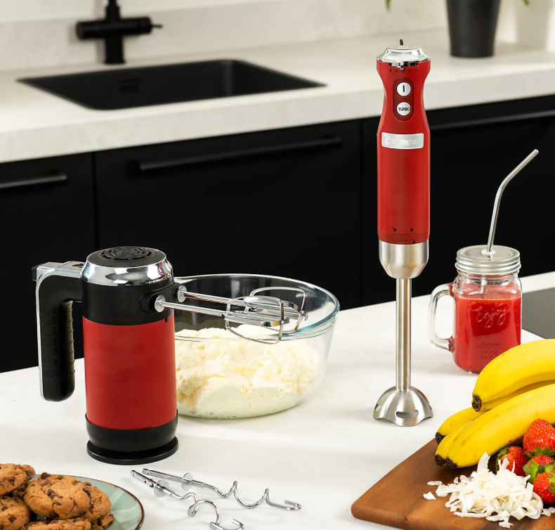 Westinghouse Retro Handmixer 350W – Rood – 2 Gardes & 2 Deeghaken – Met Opbergstandaard