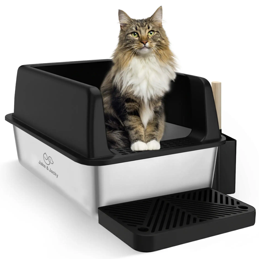 Jake & Jacky RVS Kattenbak - Open - 60x40x30 cm - Zwart – Geurvrij – Met Gritopvang Opstapje en Schep