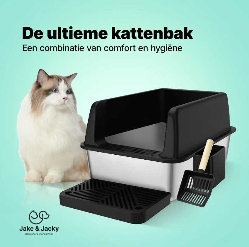 Jake & Jacky RVS Kattenbak - Open - 60x40x30 cm - Zwart – Geurvrij – Met Gritopvang Opstapje en Schep