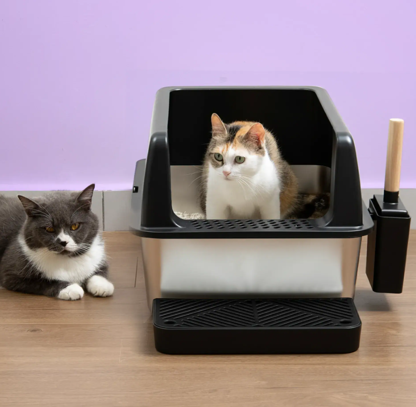 Jake & Jacky RVS Kattenbak - Open - 60x40x30 cm - Zwart – Geurvrij – Met Gritopvang Opstapje en Schep