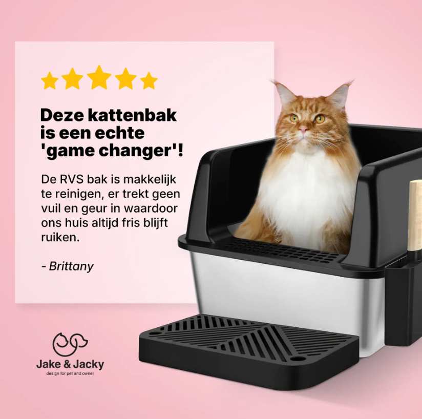 Jake & Jacky RVS Kattenbak - Open - 60x40x30 cm - Zwart – Geurvrij – Met Gritopvang Opstapje en Schep