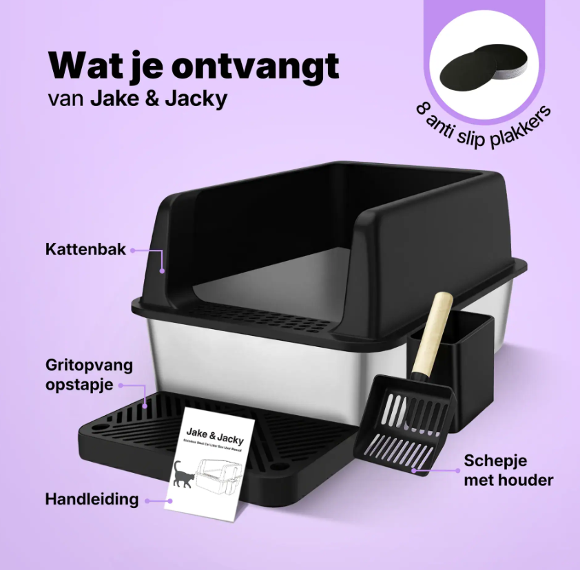Jake & Jacky RVS Kattenbak - Open - 60x40x30 cm - Zwart – Geurvrij – Met Gritopvang Opstapje en Schep