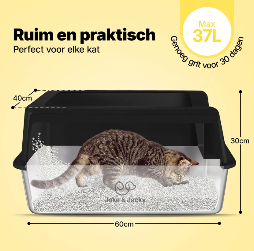 Jake & Jacky RVS Kattenbak - Open - 60x40x30 cm - Zwart – Geurvrij – Met Gritopvang Opstapje en Schep