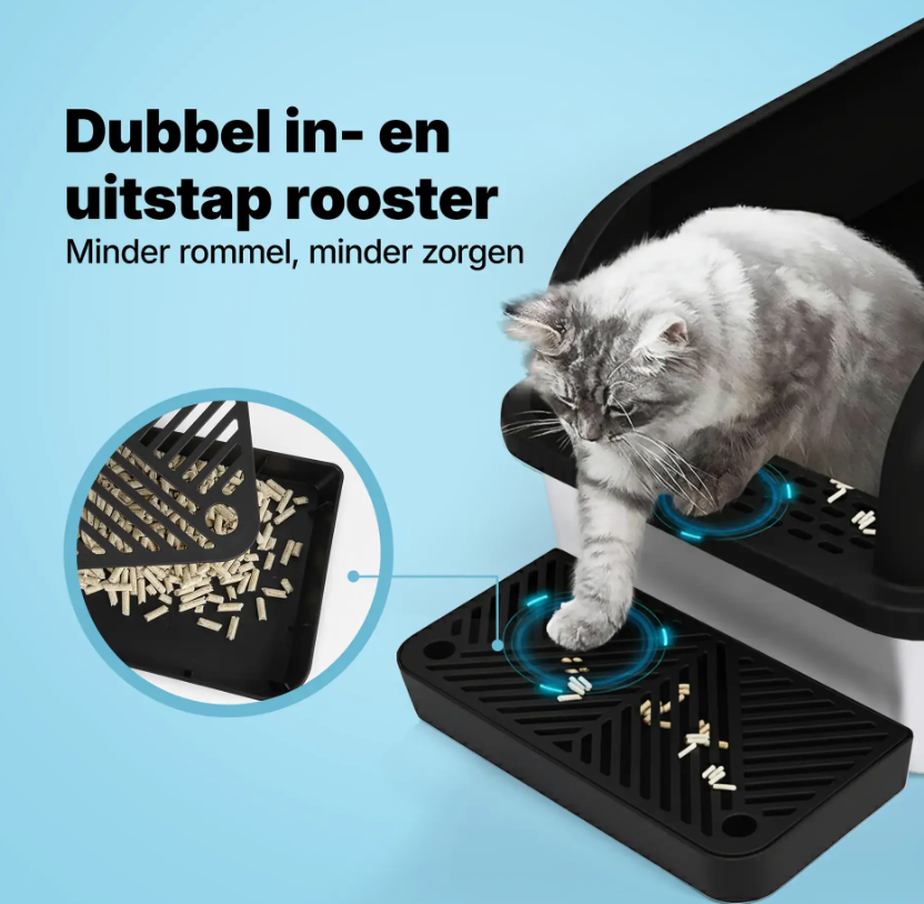 Jake & Jacky RVS Kattenbak - Open - 60x40x30 cm - Zwart – Geurvrij – Met Gritopvang Opstapje en Schep