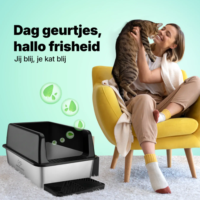 Jake & Jacky RVS Kattenbak - Open - 60x40x30 cm - Zwart – Geurvrij – Met Gritopvang Opstapje en Schep