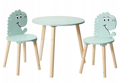 Home Styling Collection - Kindertafel met 2 Stoelen - Dinosaurus Print - Blauw - Houten Kinder Tafelset - 50 x 50 x 50 cm