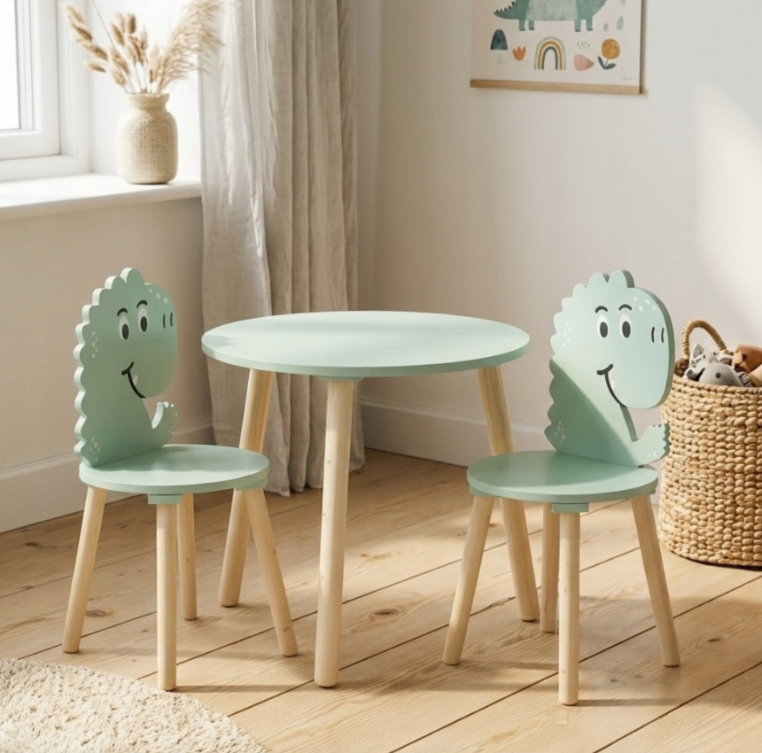 Home Styling Collection - Kindertafel met 2 Stoelen - Dinosaurus Print - Blauw - Houten Kinder Tafelset - 50 x 50 x 50 cm