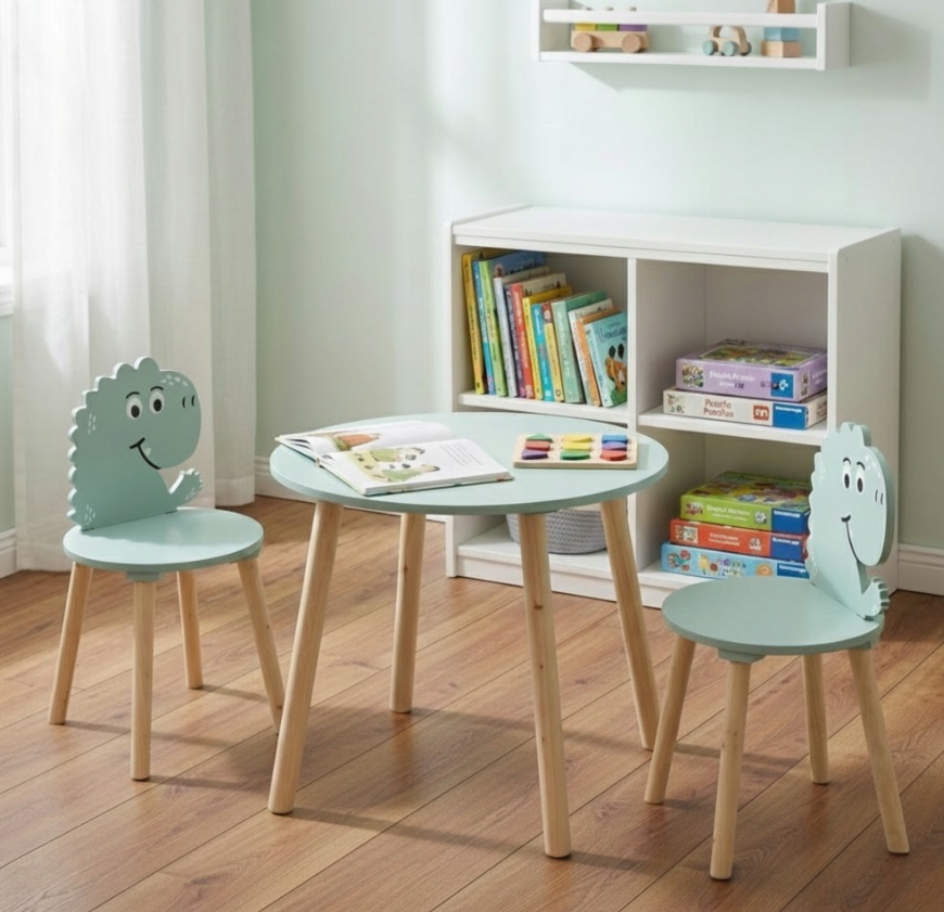 Home Styling Collection - Kindertafel met 2 Stoelen - Dinosaurus Print - Blauw - Houten Kinder Tafelset - 50 x 50 x 50 cm