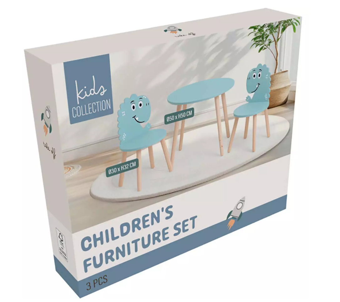 Home Styling Collection - Kindertafel met 2 Stoelen - Dinosaurus Print - Blauw - Houten Kinder Tafelset - 50 x 50 x 50 cm