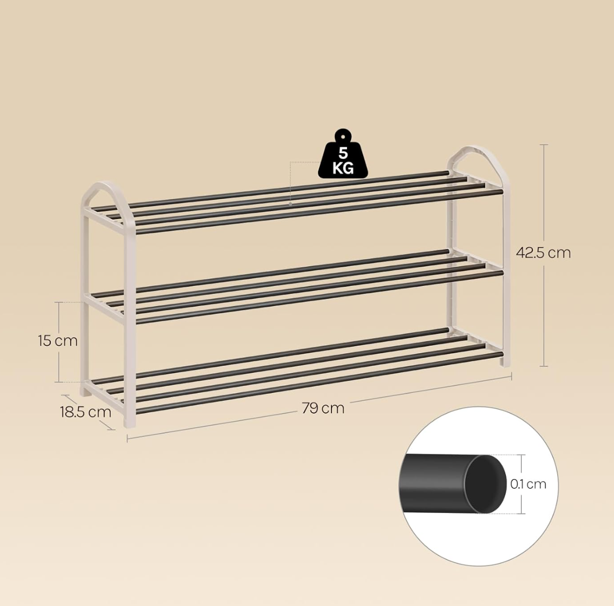 Woltu Schoenenrek 3 Lagen - Crème/Grijs - Voor ca. 12 Paar Schoenen - 79 x 18,5 x 42,5 cm