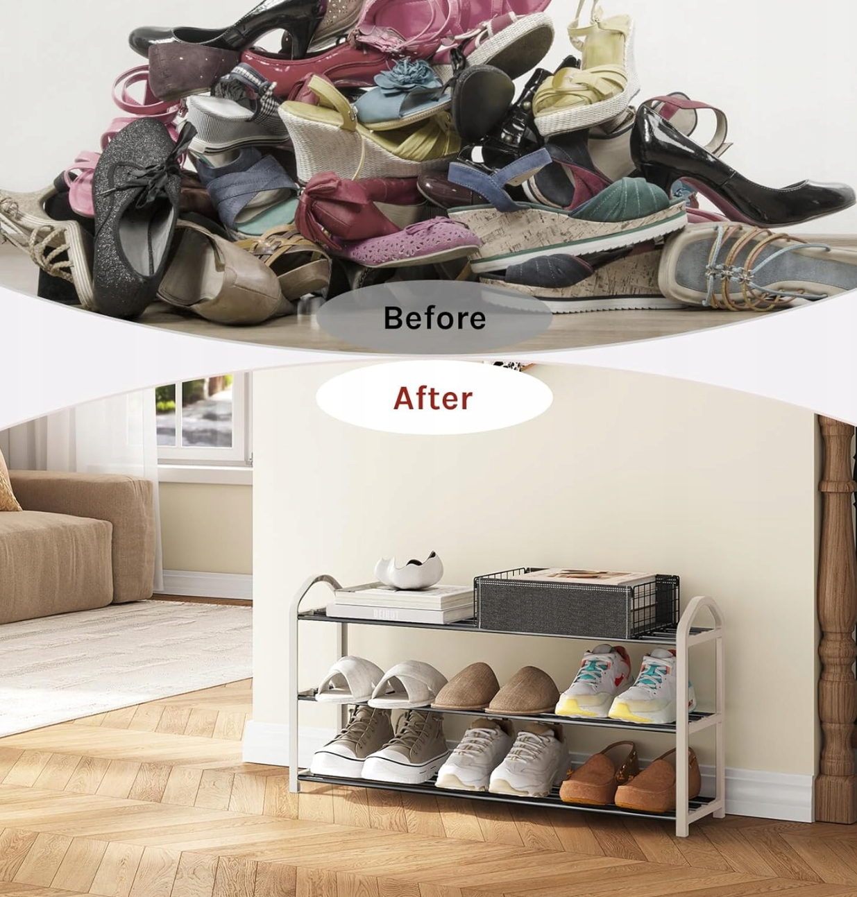 Woltu Schoenenrek 3 Lagen - Crème/Grijs - Voor ca. 12 Paar Schoenen - 79 x 18,5 x 42,5 cm
