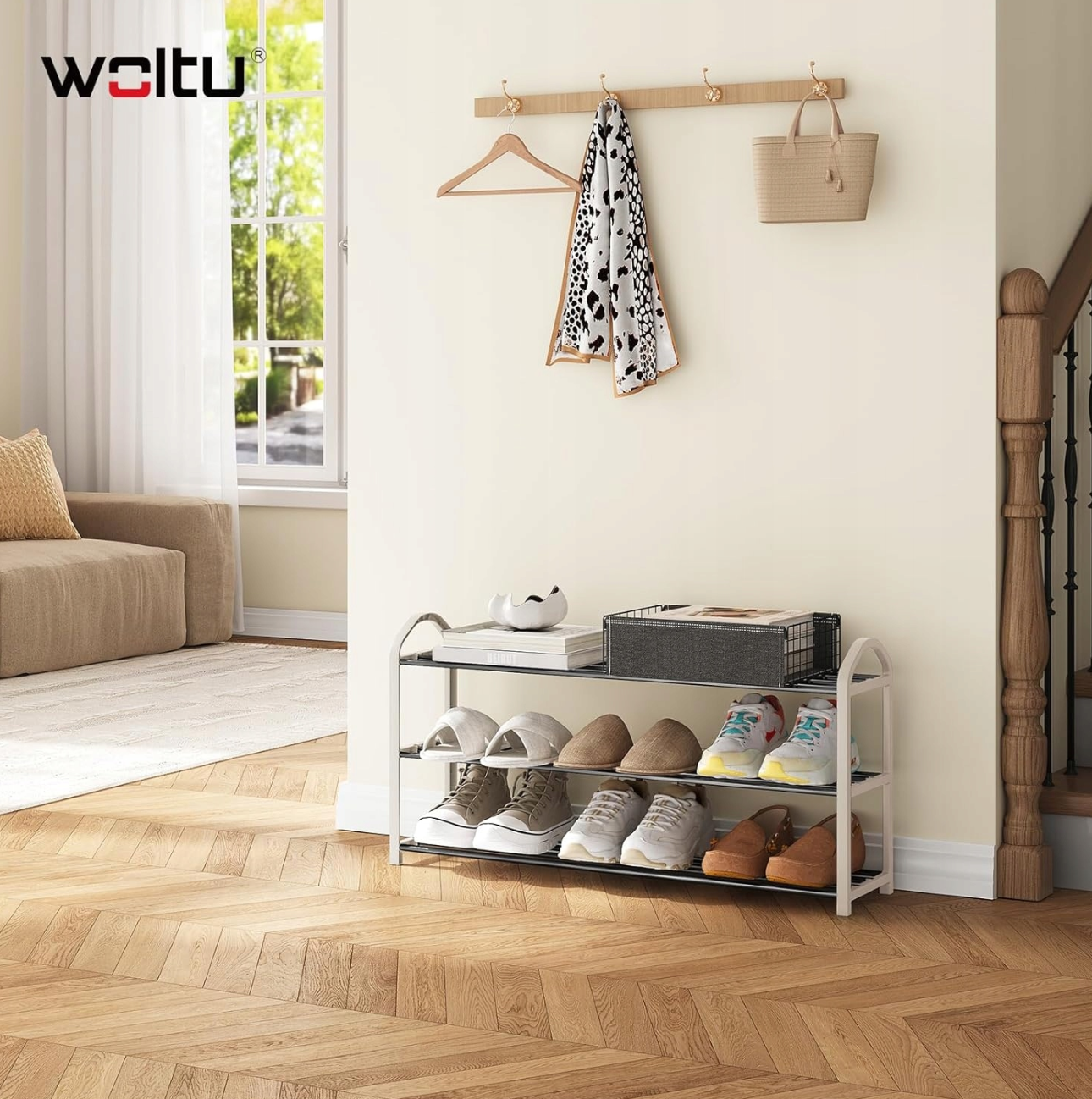 Woltu Schoenenrek 3 Lagen - Crème/Grijs - Voor ca. 12 Paar Schoenen - 79 x 18,5 x 42,5 cm