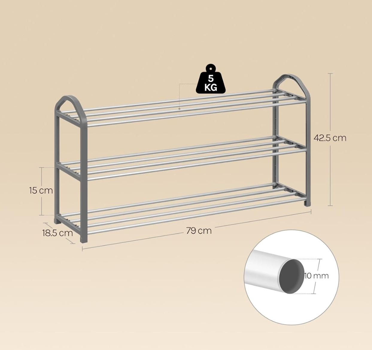 Woltu Schoenenrek 3 Lagen - Grijs - Voor ca. 12 Paar Schoenen - 79 x 18,5 x 42,5 cm