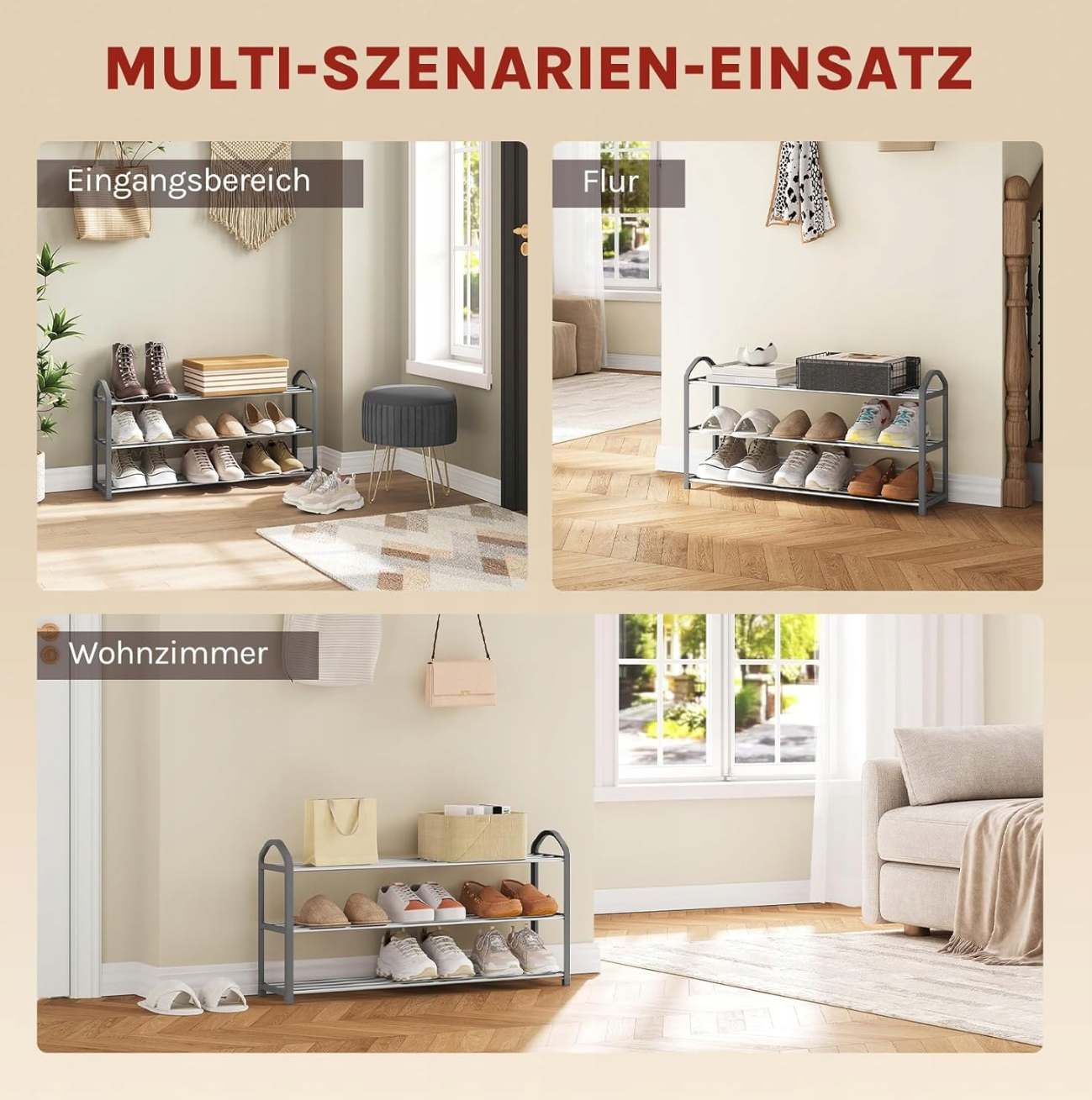 Woltu Schoenenrek 3 Lagen - Grijs - Voor ca. 12 Paar Schoenen - 79 x 18,5 x 42,5 cm